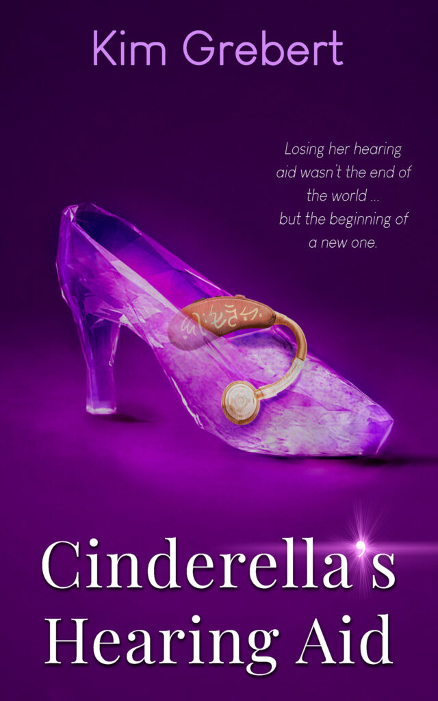 Purple book cover with glass slipper and a hearing aid.